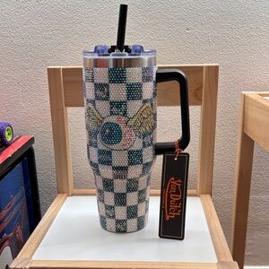 Von Dutch Flying Eyeball Rhinestone 40 oz tumbler with straw lid and handle
